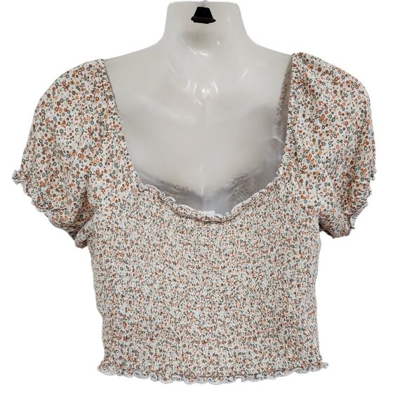 AE Aerie Micro Floral Puff Sleeve Cropped Blouse Smocked Square Neck Large - Picture 6 of 9
